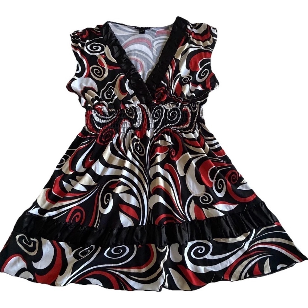 Vtg Y2K Fang Top Womens M Geometric Babydoll V Neck Smocked Ruffle Satin Retro